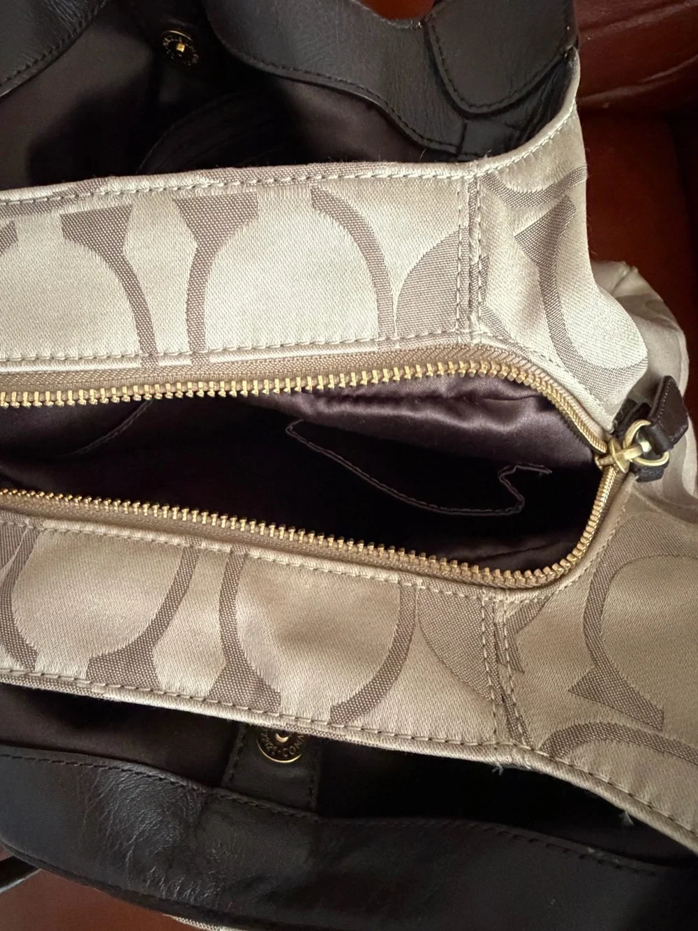 Coach Signature Jacquard Shoulder Bag with Brown Leather Trim